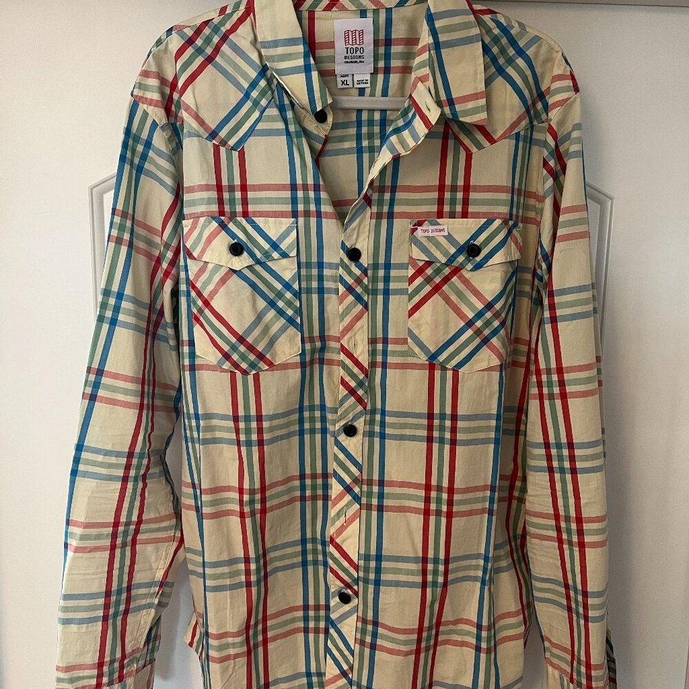 Topo Designs Button Down - Cream w/ Multi-Colored Checkered - XL